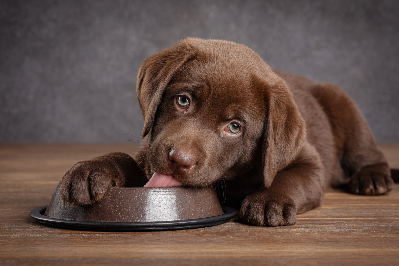 Собака ест лежа